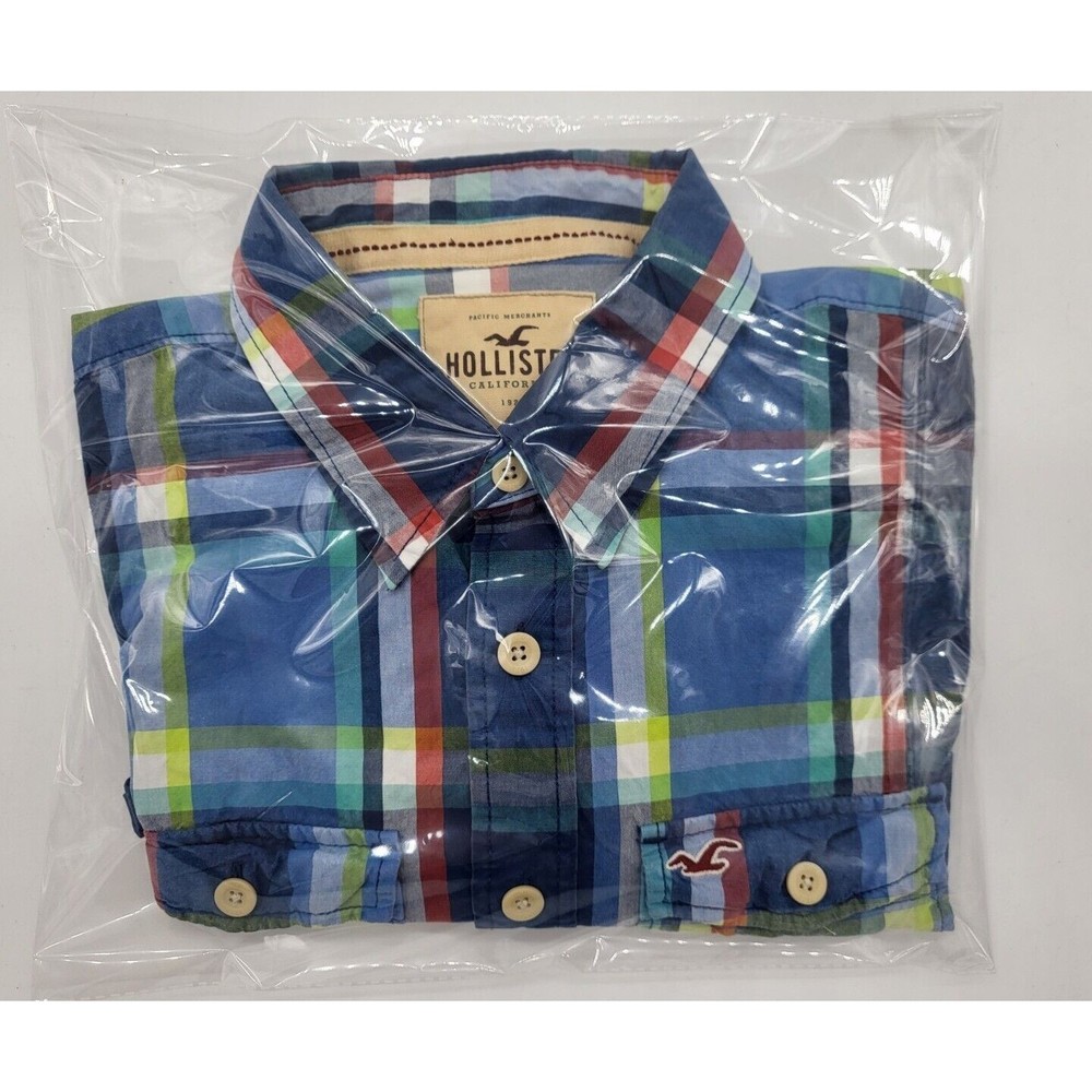 Hollister Mens Button Down Plaid Shirt Multicolor Long Sleeve Pockets Size Large